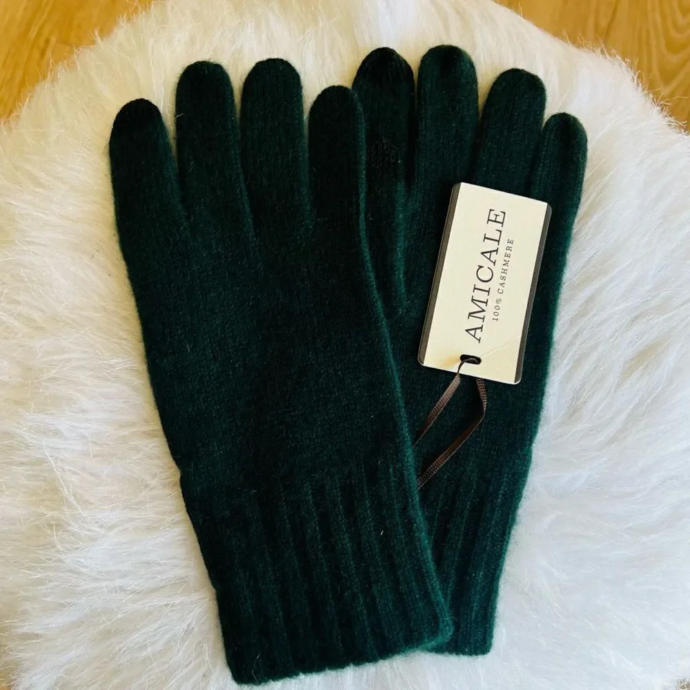 AMICALE Cashmere Touch Screen Tech Knit Gloves, Luxurious, 100%, Dark Green, NWT